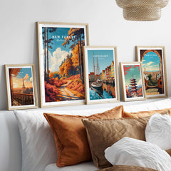 New Forest Travel Poster England displayed among other travel posters in an aesthetic living room setting.