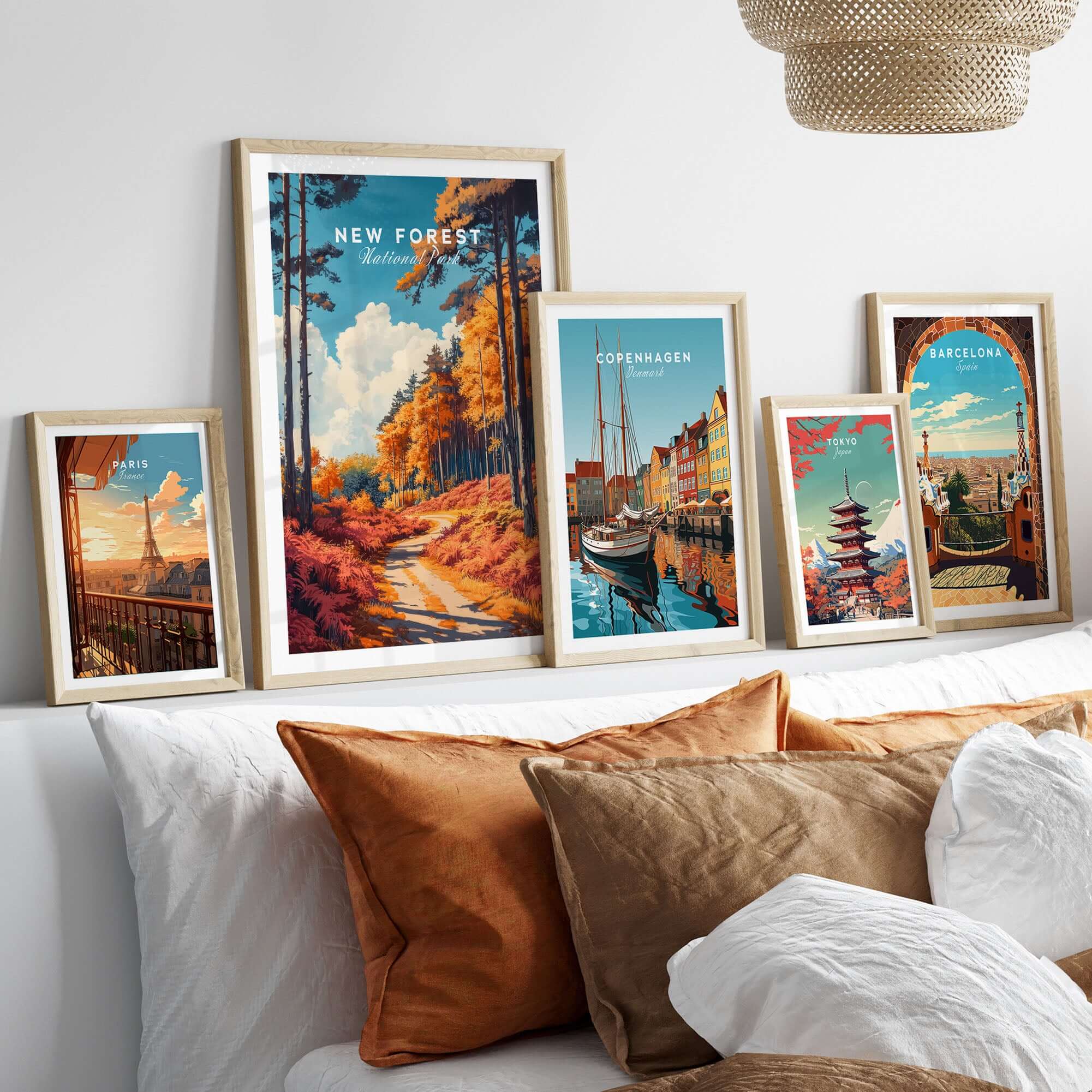 New Forest Travel Poster England displayed among other travel posters in an aesthetic living room setting.