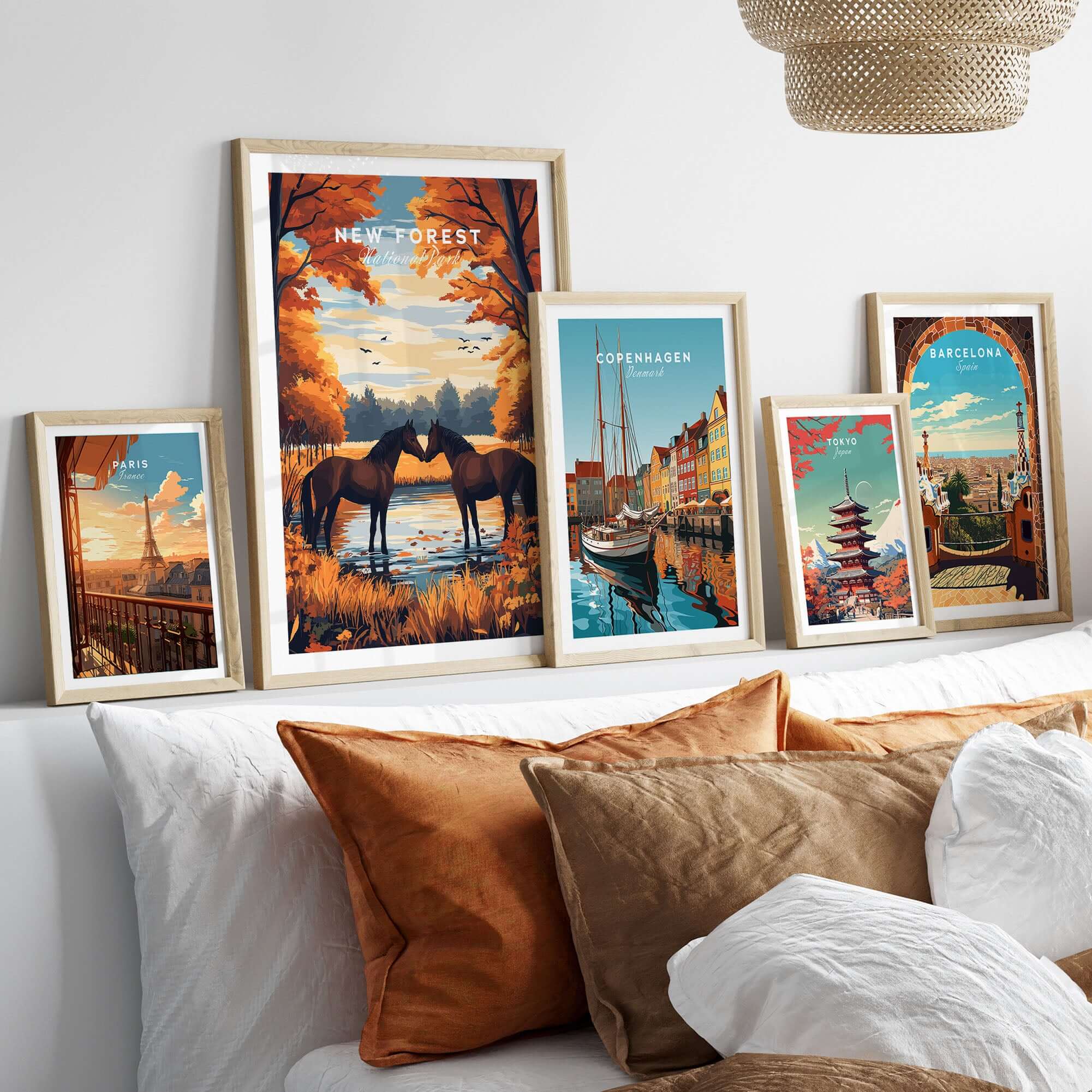 Framed New Forest Wall Art Print among other city posters, showcasing beautiful nature decor for home.