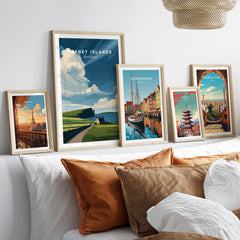 Orkney Islands Coastal Cottage Print - Green Hills Scotland Poster displayed in a stylish home setting with other travel posters.