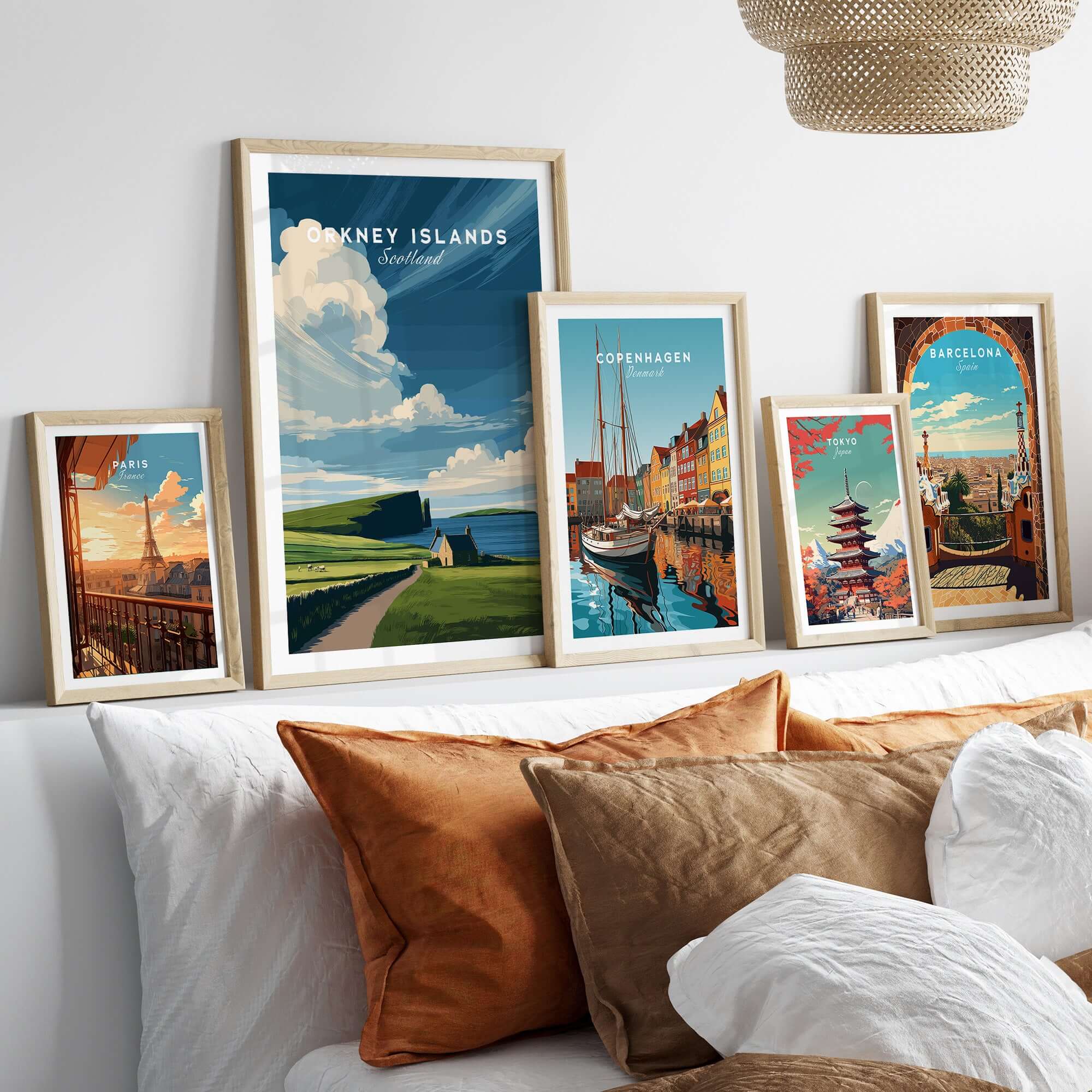 Orkney Islands Coastal Cottage Print - Green Hills Scotland Poster displayed in a stylish home setting with other travel posters.