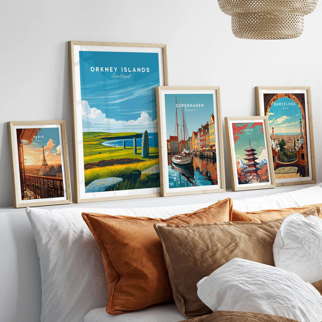 Orkney Islands print and artwork featuring scenic landscapes and landmarks in framed designs on a cozy bed.