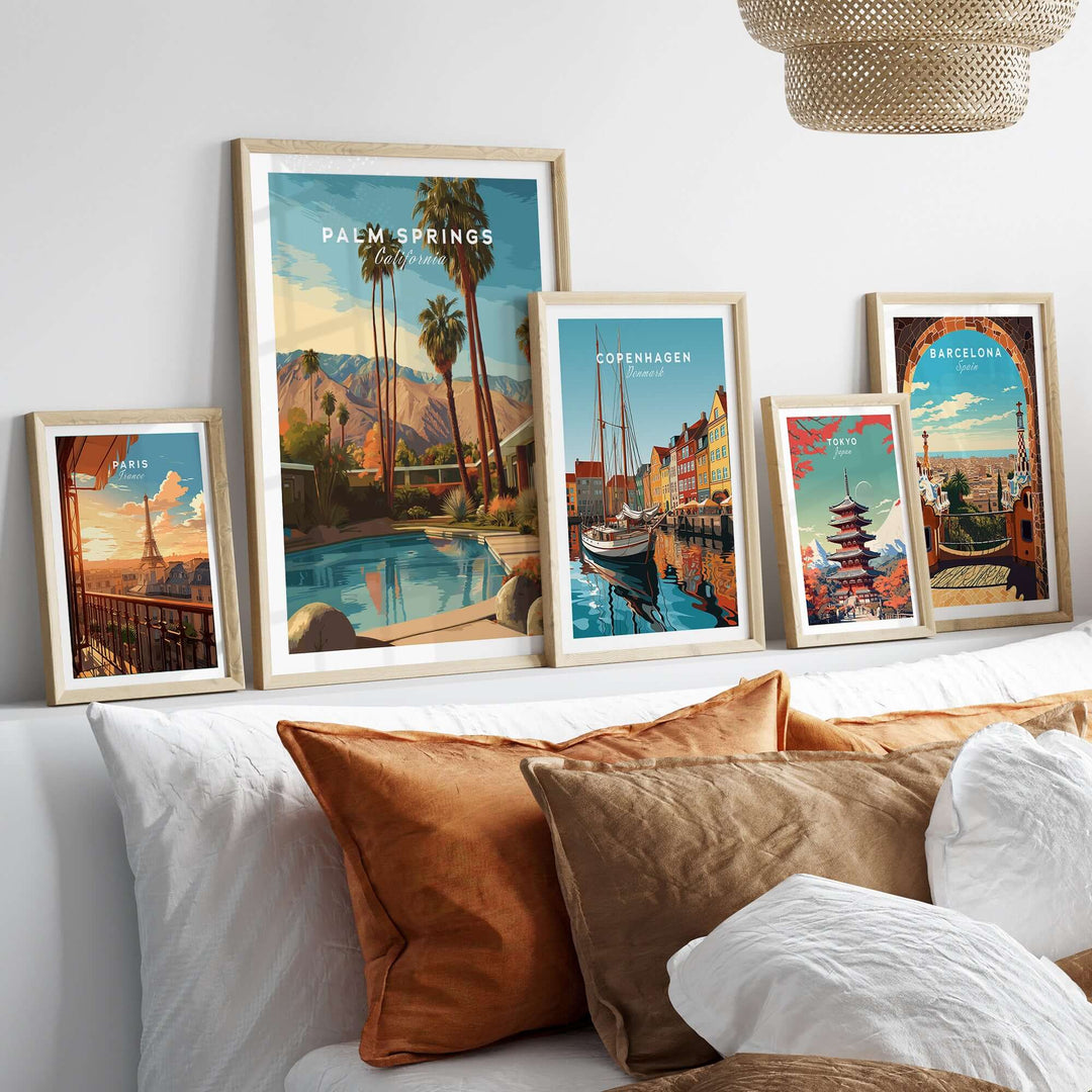 Framed Palm Springs Mid-Century Modern home poster with desert scenery and other city art on a stylish wall.
