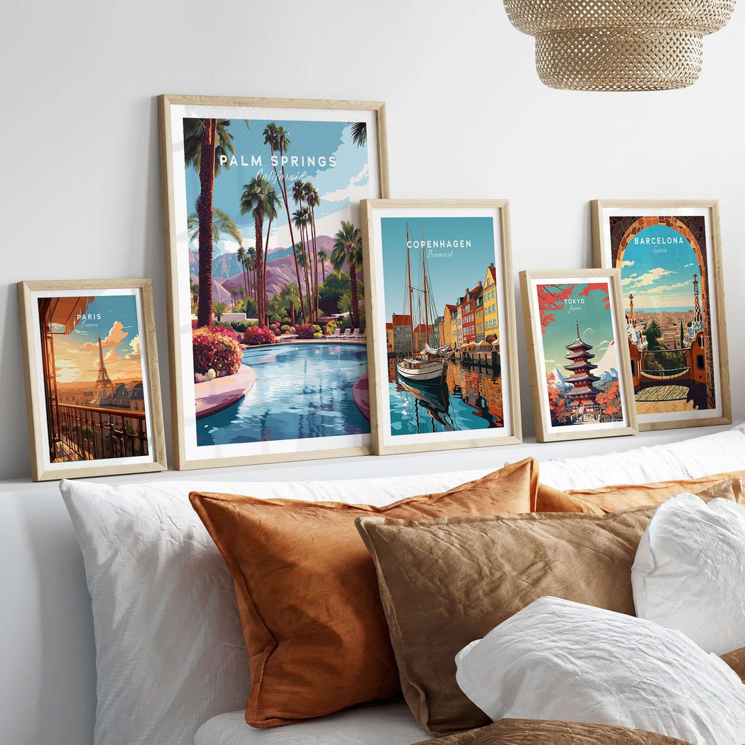 Palm Springs tropical poolside print and travel art in a cozy living room setting.