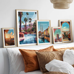 Palm Springs California Tropical Poolside Print - Mountain Landscape Wall Art displayed among other travel-themed prints