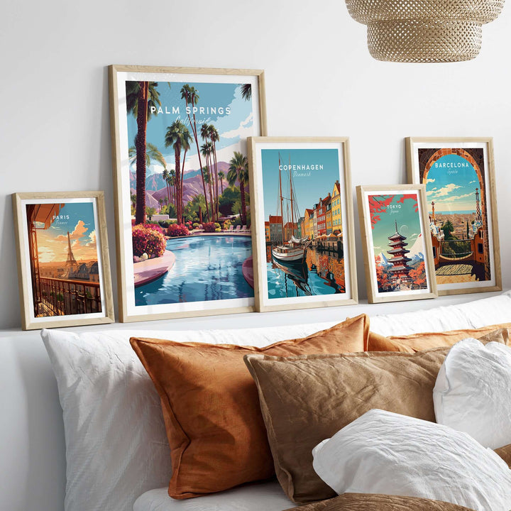 Palm Springs tropical poolside print and travel art in a cozy living room setting.