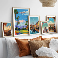 Palm Springs Golf Course Poster - California Desert Mountain View Print displayed with other travel-themed art prints.