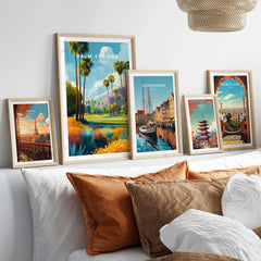 Palm Springs California Golf Course Mountain View Print - Desert Landscape Wall Art framed prints on a stylish beige couch.