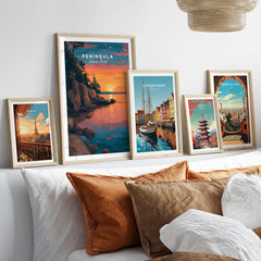 Peninsula State Park Sunset Print - Wisconsin Rocky Shoreline Wall Art displayed with other framed travel posters.
