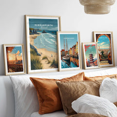 Perranporth Cornwall Sandy Beach Dunes Print - Cornish Coastal Wall Art displayed in a stylish home setting.
