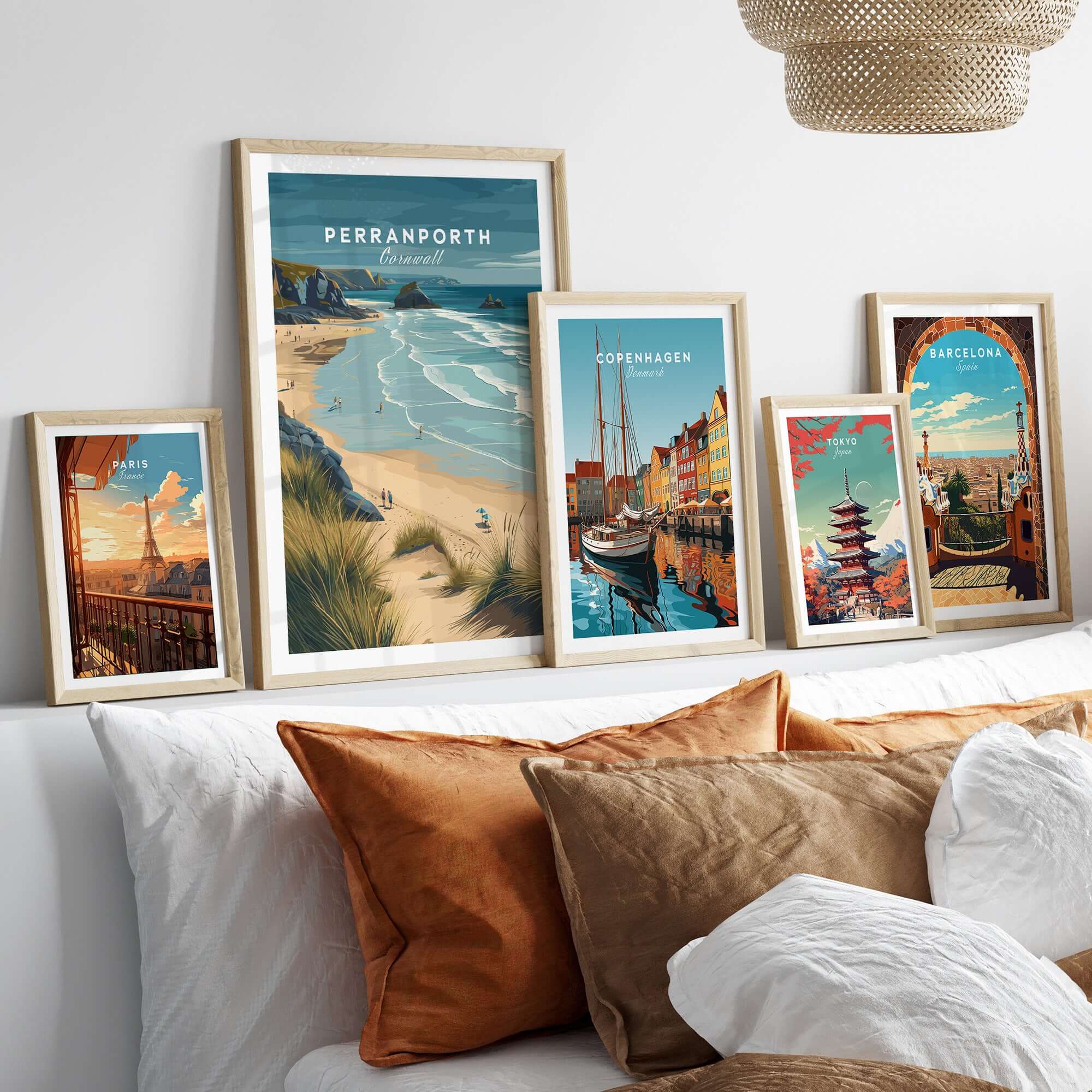 Perranporth Cornwall Sandy Beach Dunes Print - Cornish Coastal Wall Art displayed in a stylish home setting.