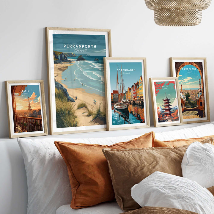Gallery of coastal wall art prints featuring Perranporth Cornwall and vibrant city landscapes.