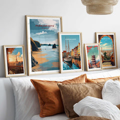 Perranporth Low Tide Beach Poster - Cornish Coast Print showcased among other travel posters on a cozy sofa.