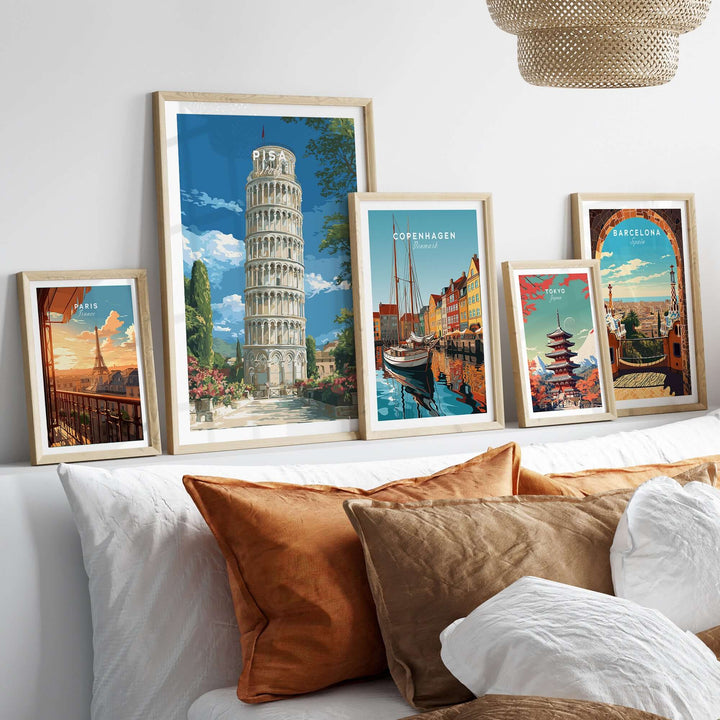 Leaning Tower of Pisa print showcased in a stylish home decor setting with travel posters.