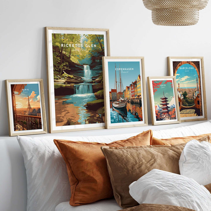 Wall art collection featuring Ricketts Glen waterfall print among other cityscape designs