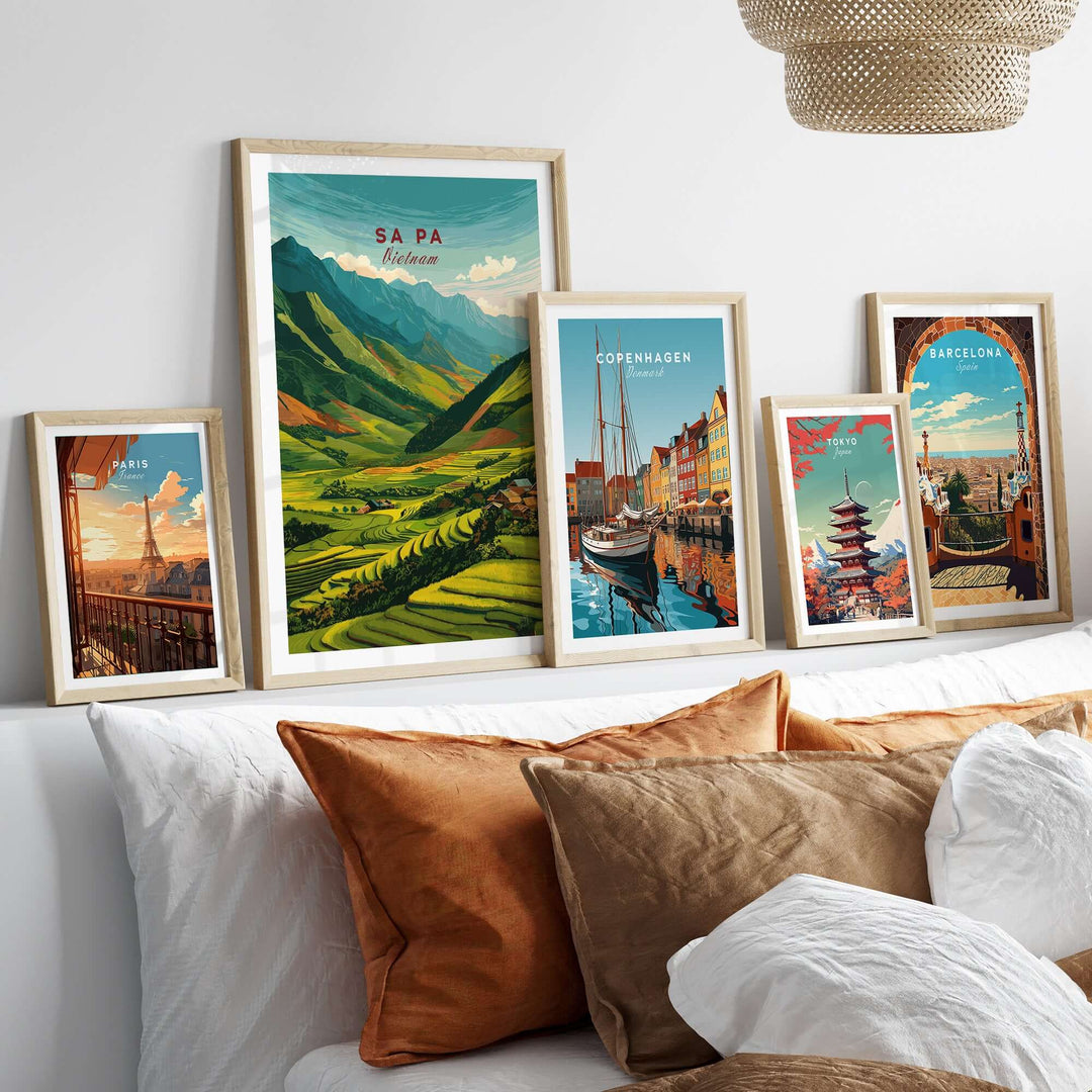 Vibrant Sa Pa Vietnam poster amidst framed art prints, showcasing rice terraces and lush green mountains.