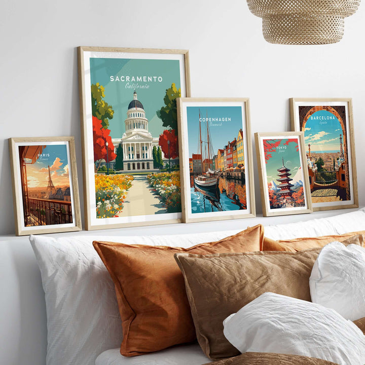 Sacramento California State Capitol print among other city prints, showcasing colorful wall art decor for travel lovers.