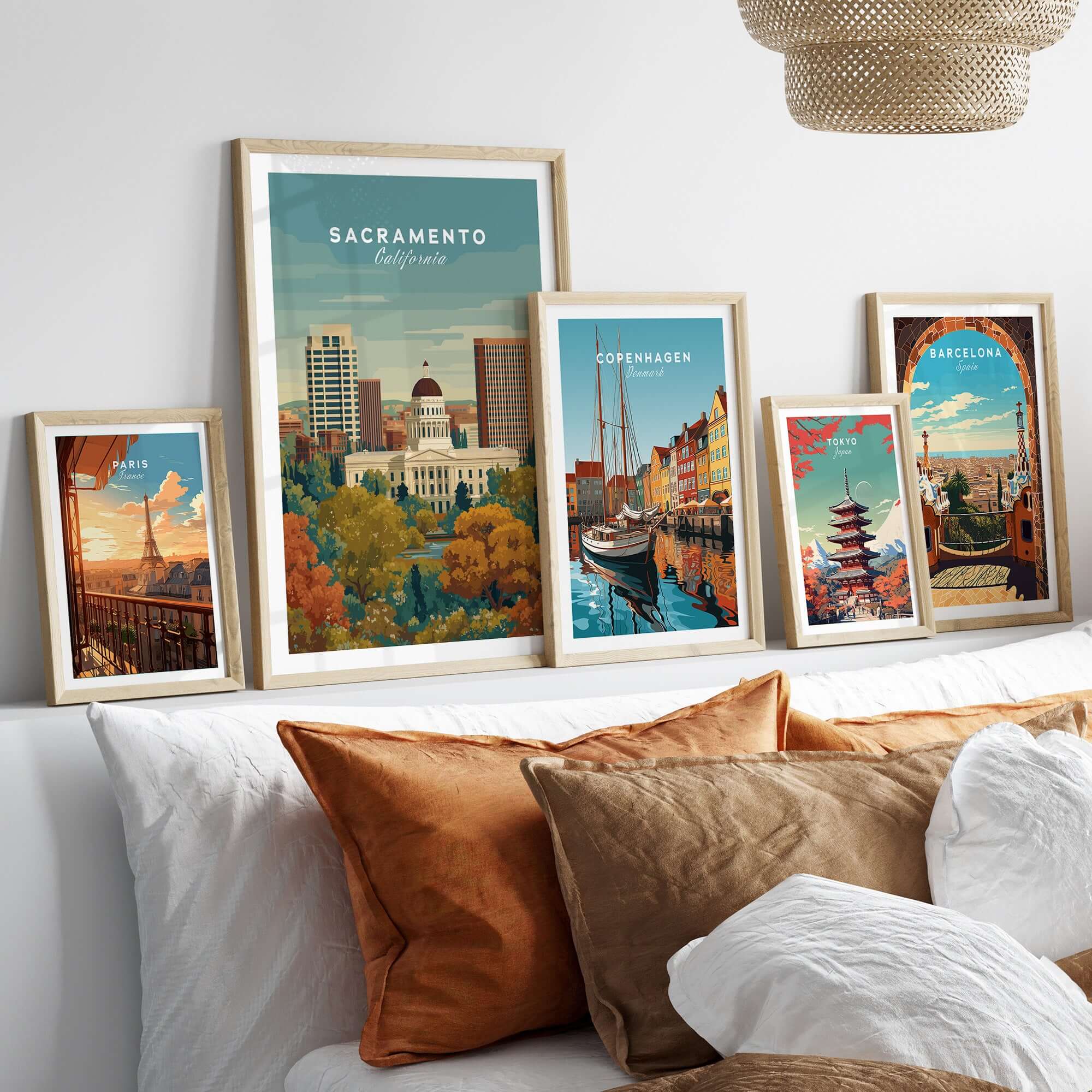 Sacramento California Skyline & Capitol Print - Urban Landscape Wall Art displayed in a cozy living room setting.