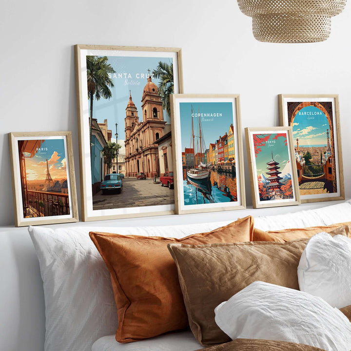 Santa Cruz South America Print | Bolivian Urban Wall Decor displayed among other cityscape prints on a cozy bed.