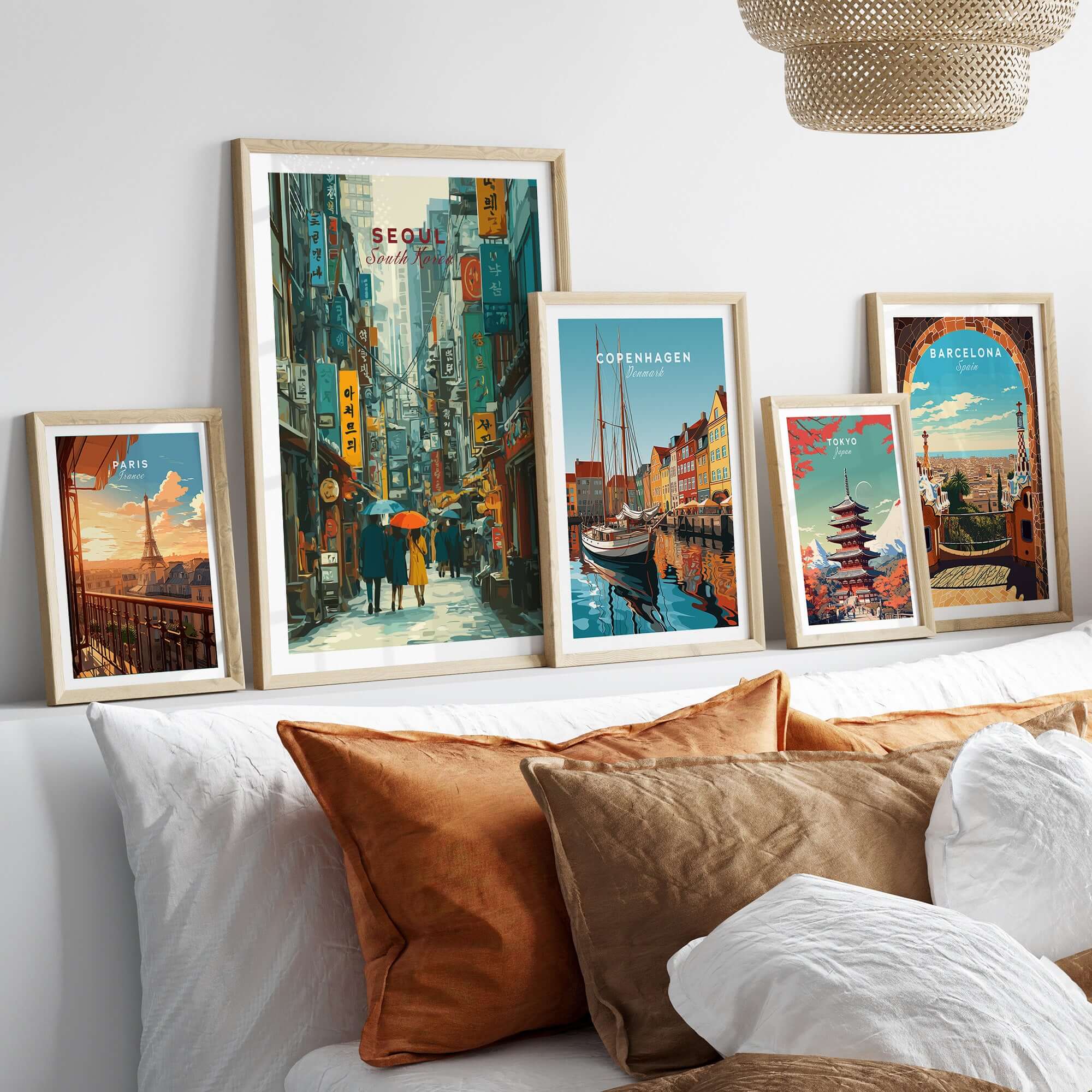 Seoul Print South Korea Busy Street - Urban Cityscape Wall Art collection displayed above cozy couch.