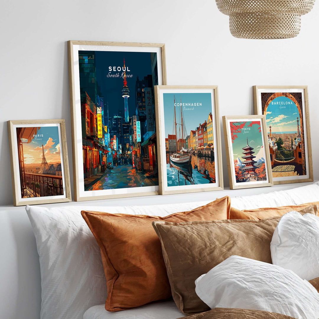 Seoul South Korea poster featuring N Seoul Tower, displayed alongside other city prints in a modern living space.