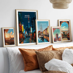 Seoul South Korea Poster N Seoul Tower Print in stylish living room display with other city landmarks.