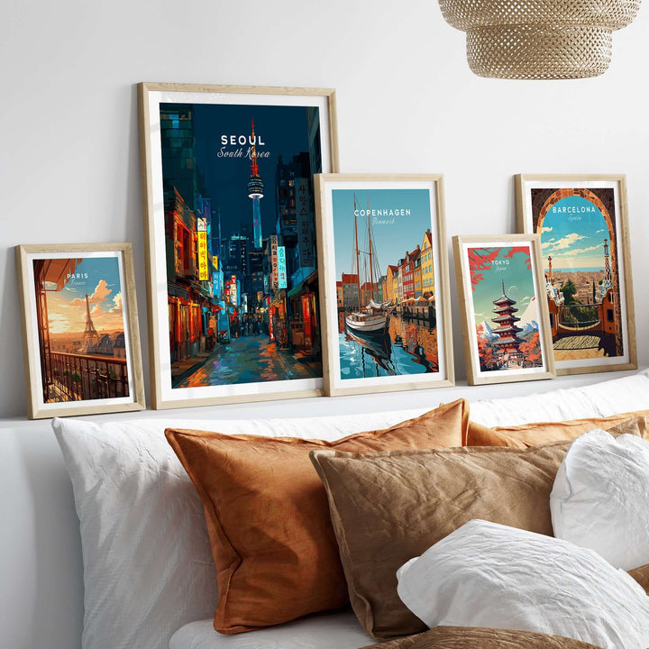 Seoul South Korea poster featuring N Seoul Tower, displayed alongside other city prints in a modern living space.