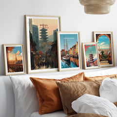 Seoul South Korea Poster - Historic City Landmark Print displayed among cityscape art in stylish home decor.