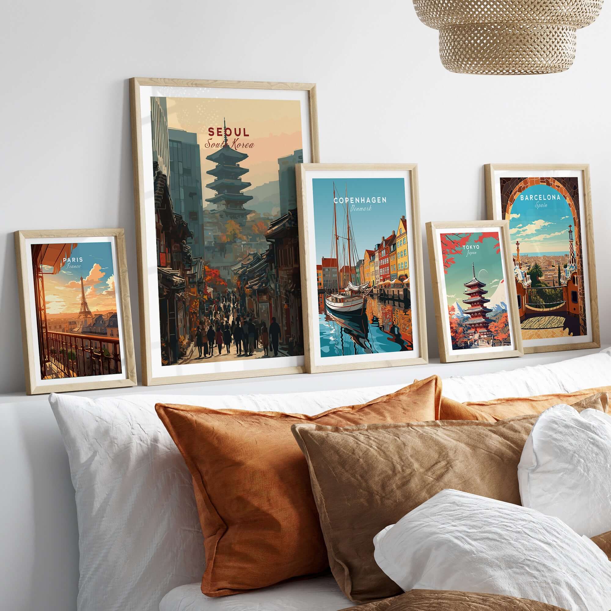 Seoul South Korea Poster - Historic City Landmark Print displayed among cityscape art in stylish home decor.
