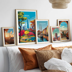 Seoul South Korea Lotte World Tower Park Print displayed among other city art prints on a cozy bed.