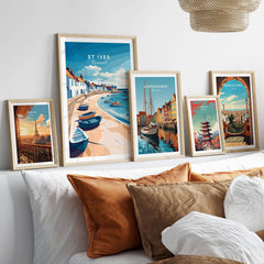 St Ives Beach Boats Seascape Poster - Cornwall Seaside Village Print displayed among other travel posters.