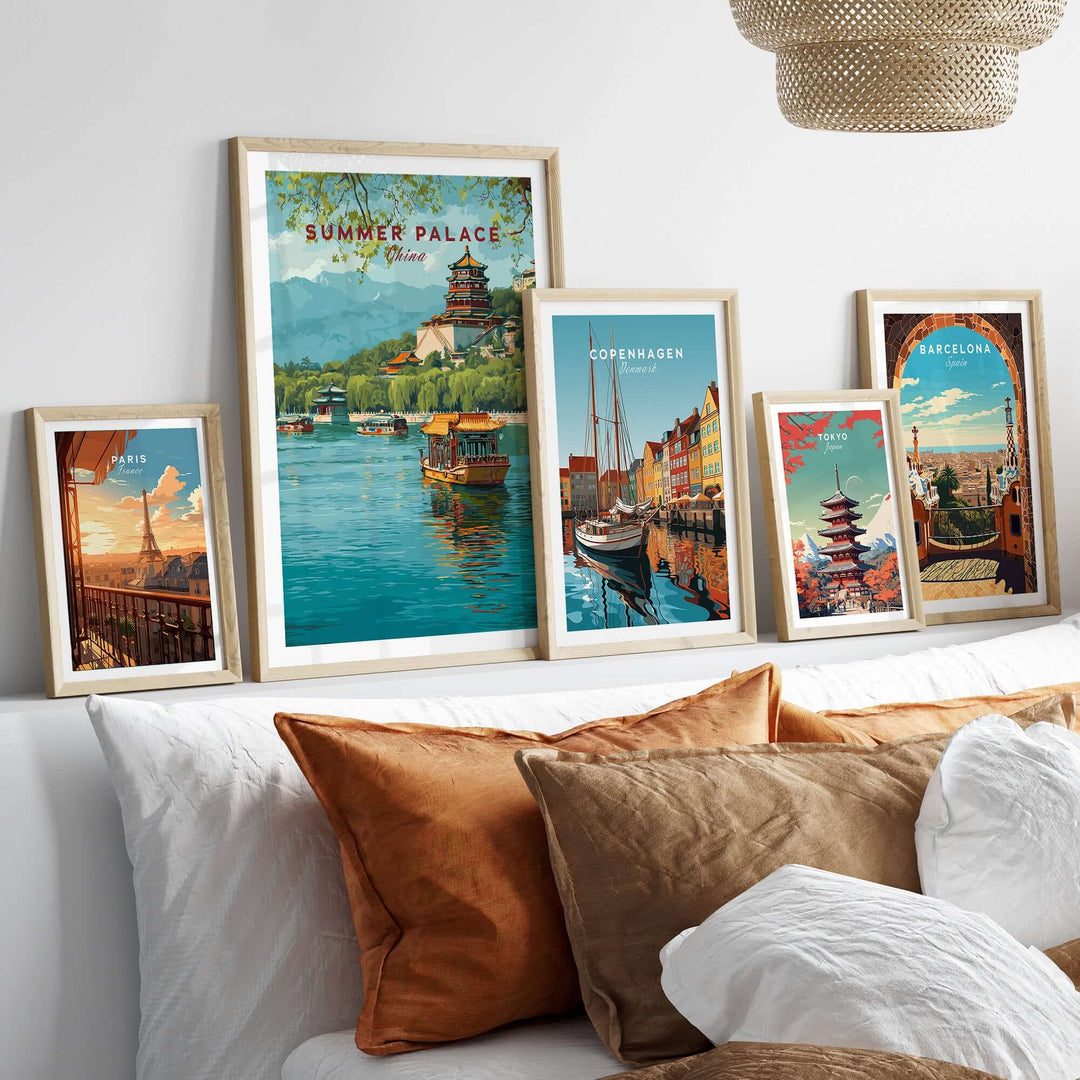 Framed Summer Palace art print displayed among other cityscape prints in a cozy home decor setting.