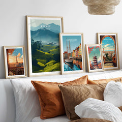 Sylhet Bangladesh Poster Tea Plantations Print - Misty Mountains Wall Art displayed on a cozy living room wall.