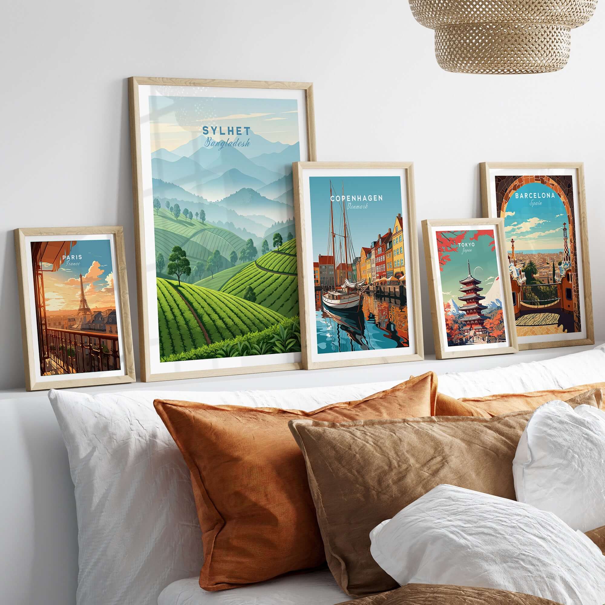 Sylhet Wall Art Bangladesh Tea Estates Mountain Panorama Poster - Lush Green Fields Print displayed in a stylish living room.