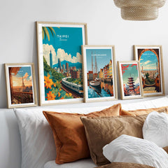 Taipei Print Taiwan City Skyline MRT Train Poster - Urban Landscape Wall Art displayed among framed art on a stylish couch.