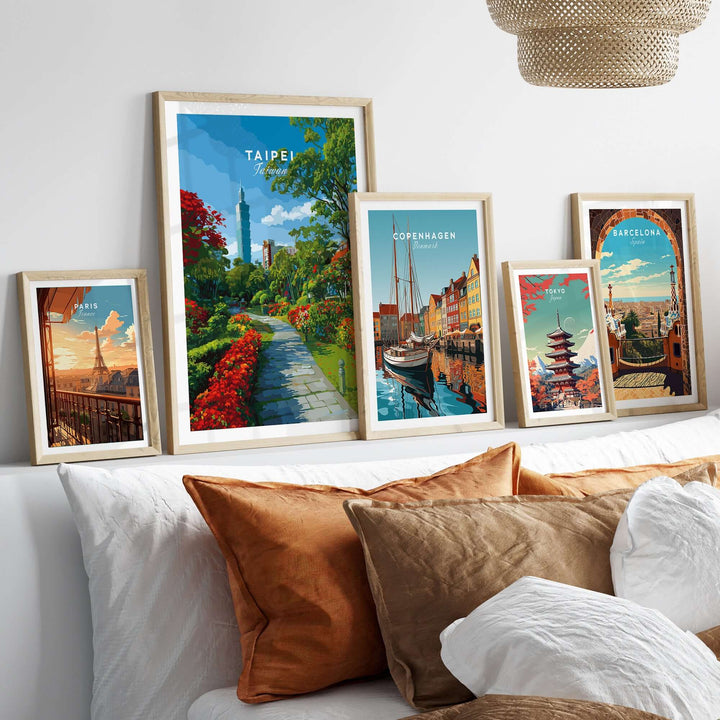 Taipei Botanical Garden pathway print and city park wall art framed, displayed on a couch with decorative pillows.