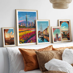 Taipei Taiwan Cityscape Print - Taipei 101 Skyline Wall Art displayed among other city-themed prints.
