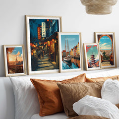 Taipei Taiwan Print Lantern Alley Night Scene - Traditional Street Wall Art displayed in a cozy living room setting.