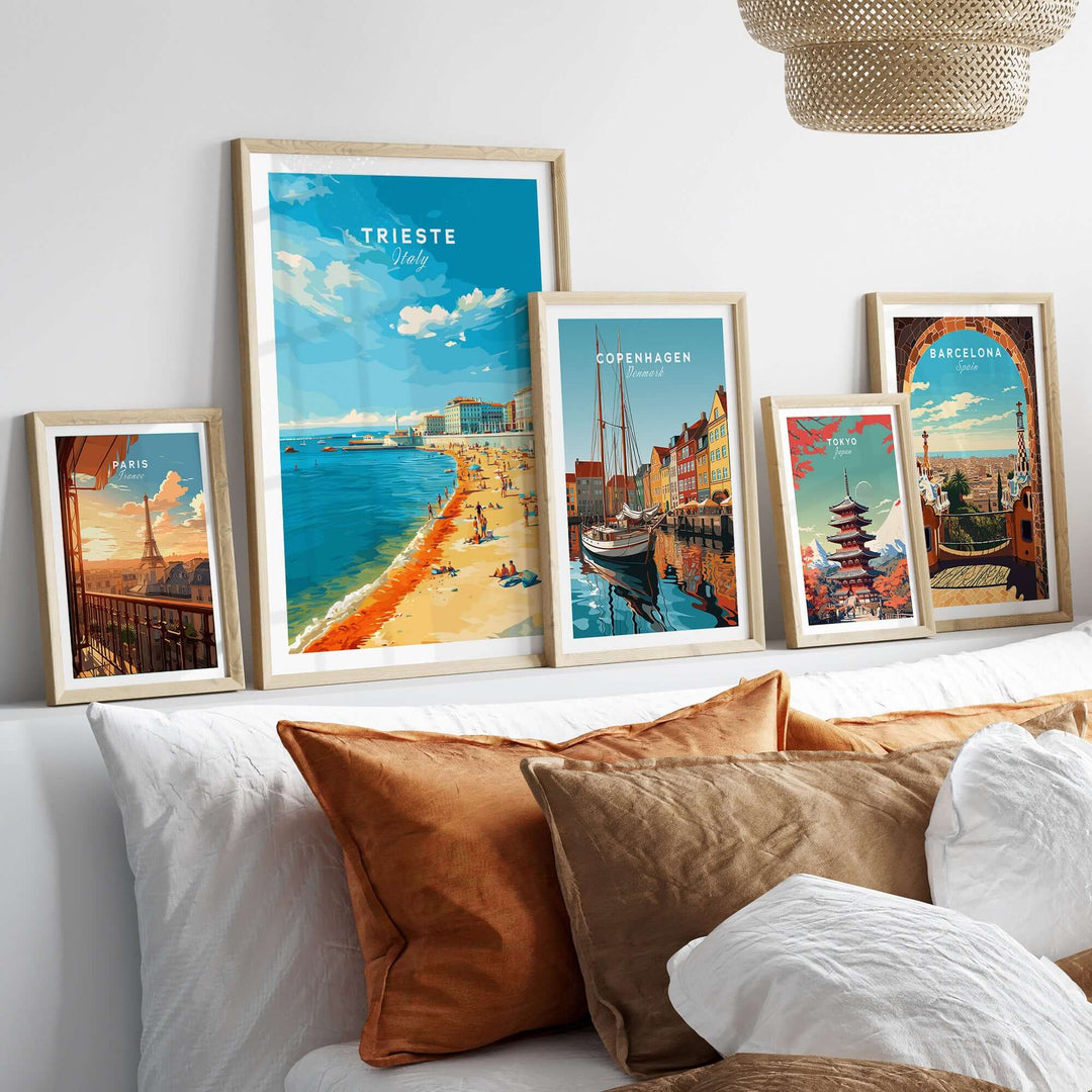 Framed Trieste Italy print showcasing Adriatic coast beach scene with other city artwork, elegant home decor.