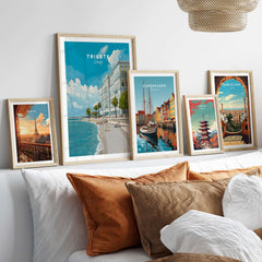 Trieste Italy Poster - Beach Scene Wall Art displayed among other city posters in a stylish home decor arrangement.
