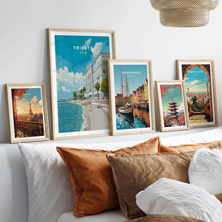 Gallery wall featuring Trieste Italy beach scene poster and other European city art prints.