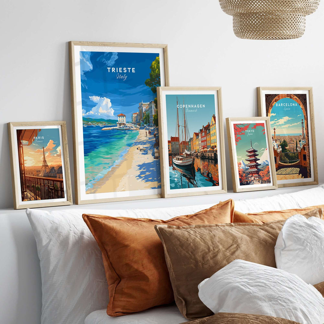 Trieste Italy beach print among framed wall art showcasing Mediterranean coastal scenes and vibrant cityscapes.