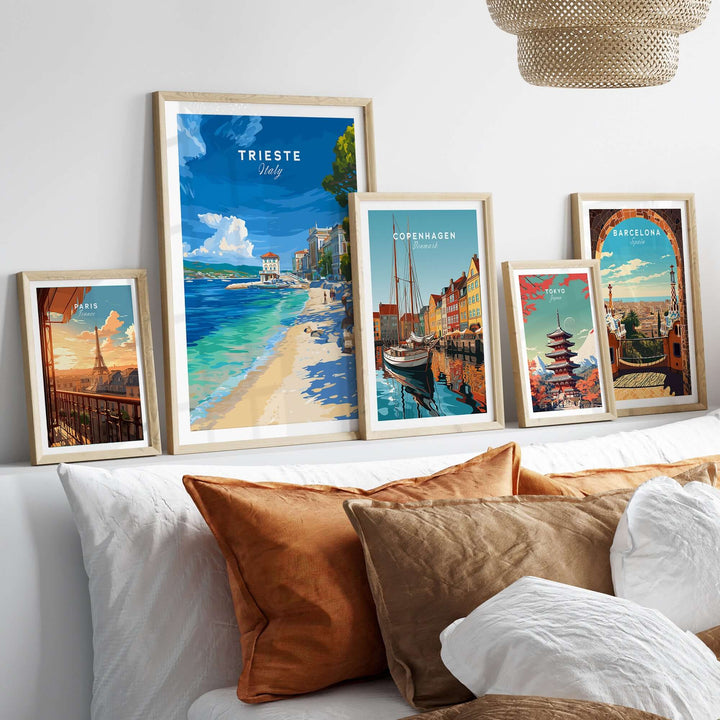 Trieste Italy beach print among framed wall art showcasing Mediterranean coastal scenes and vibrant cityscapes.