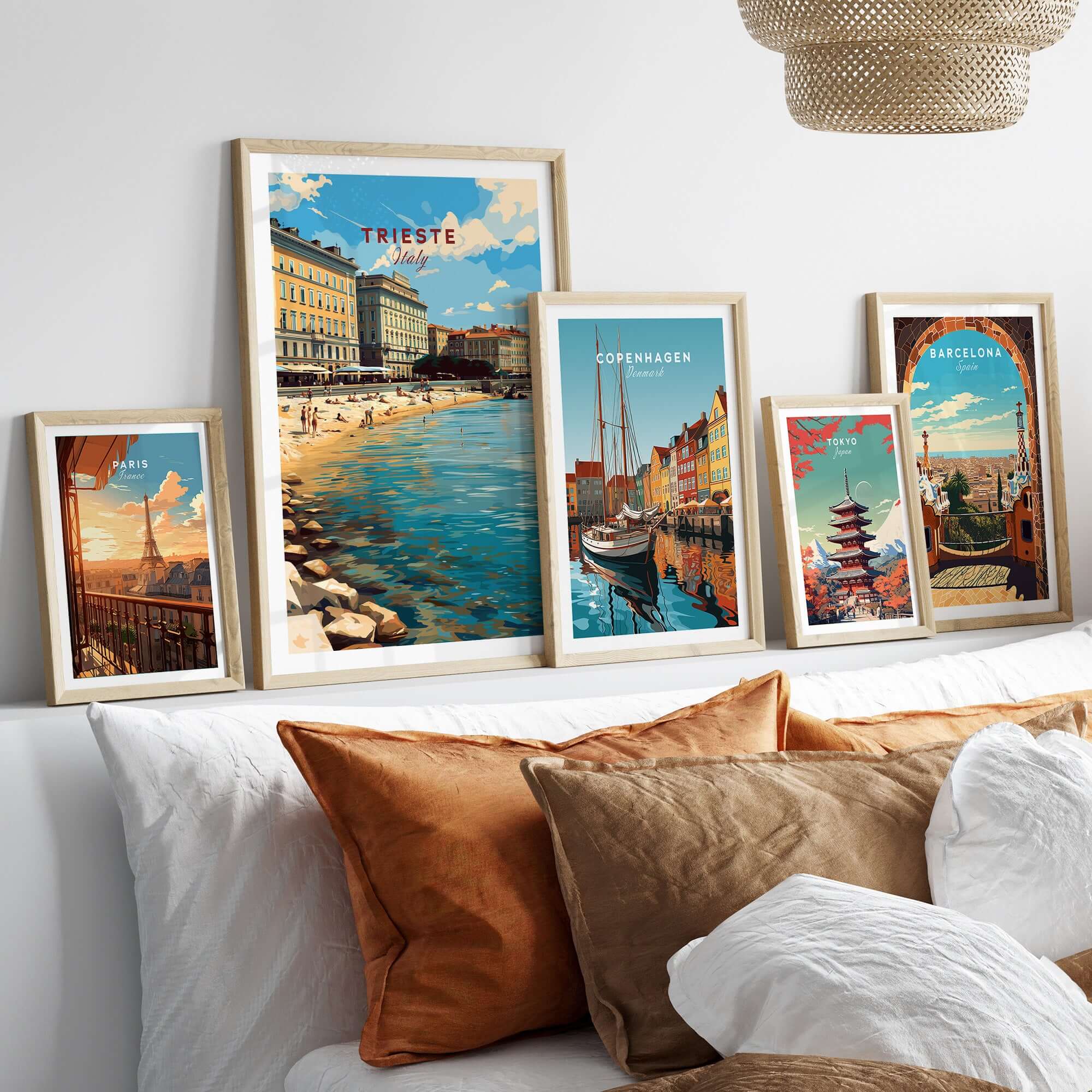 Trieste Poster Italy Travel Print displayed among other travel prints on a stylish living room wall.