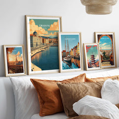 Trieste Italy Print showcased among other city prints, enhancing a stylish home décor with travel-inspired artwork.