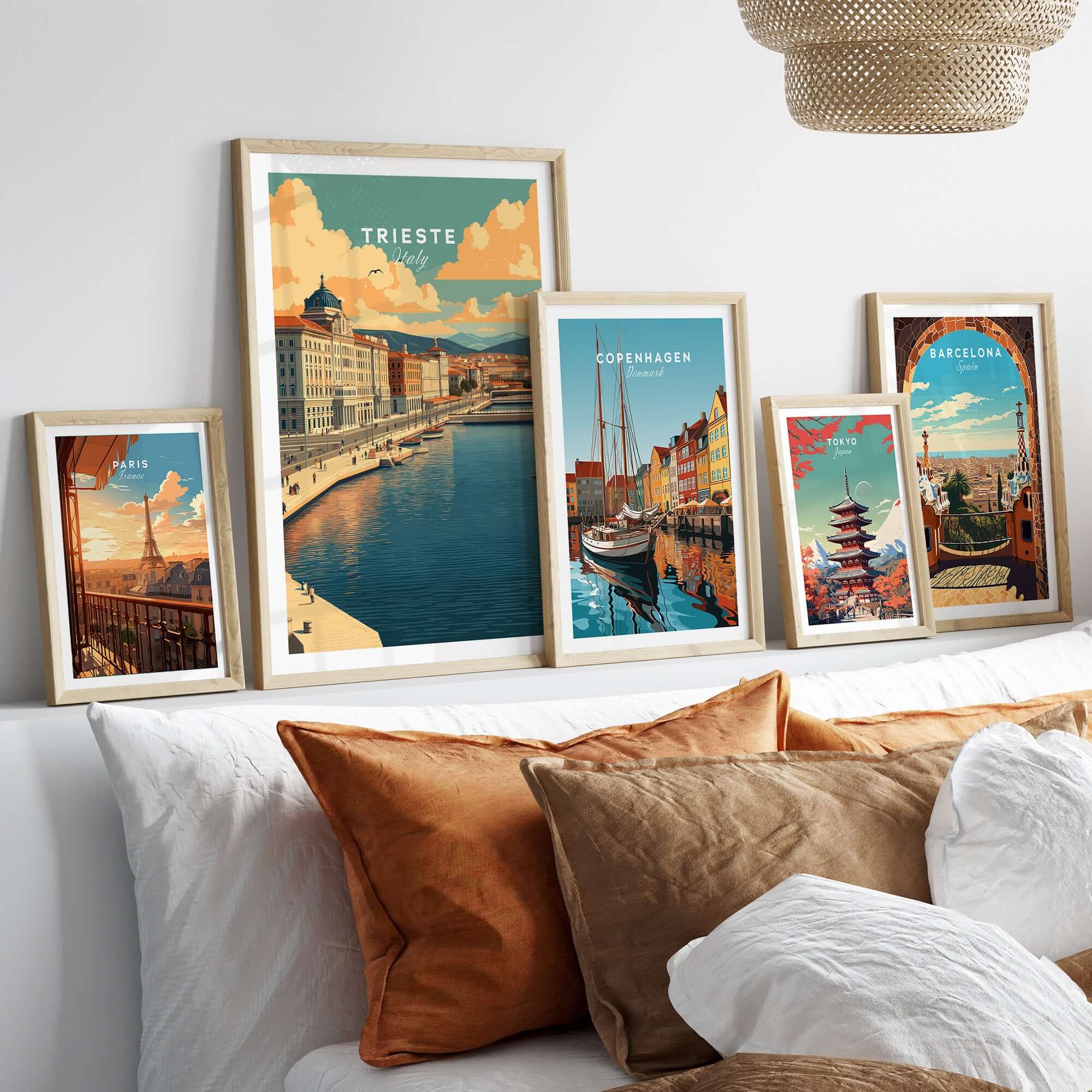 Trieste Italy Print showcased among other city prints, enhancing a stylish home décor with travel-inspired artwork.