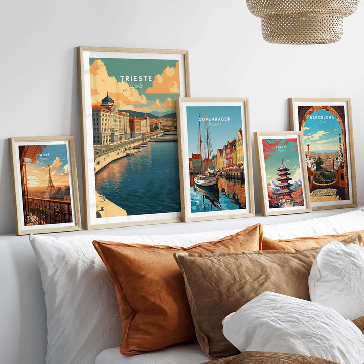 Framed prints of Trieste, Copenhagen, and Barcelona showcasing coastal charm and vibrant architecture.