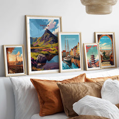 Tryfan Wales Mountain Landscape Print - Snowdonia Valley Wall Art displayed among other framed city posters.