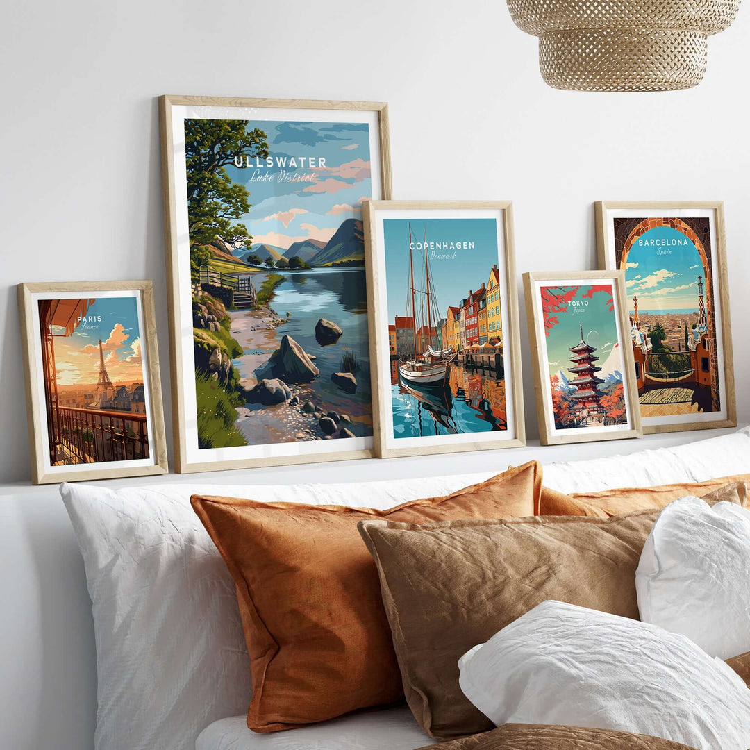 Ullswater Lake District lakeside path print displayed with vibrant cityscape artworks in a cozy living room setting.