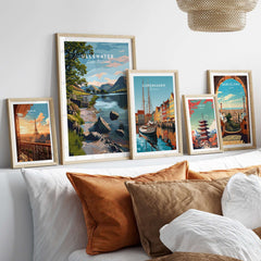 Ullswater Lake District Lakeside Path Print - Stone Wall & Lake Wall Art displayed among other travel-themed prints.